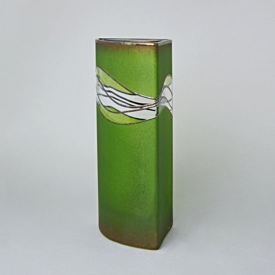 Studio Miracle: Váza tříhranná zeleno-hnědá, 26 cm, ruční dekorace Vlasta Voborníková