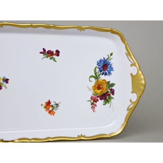 Podnos sandwichový na noze 36 cm, kytičky + matné zlato, QueensCrown porcelán