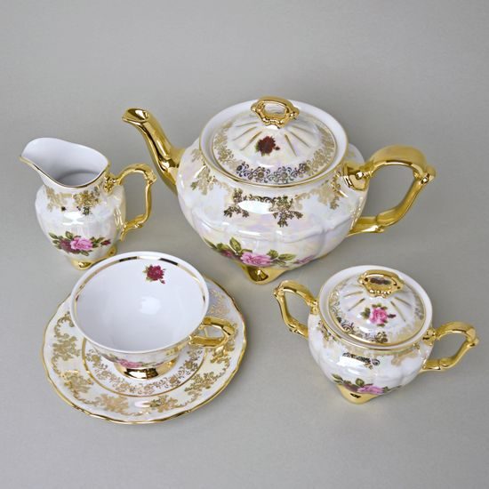 Tea set for 6 pers., Cecily roses, Royal porcelain Bohemia