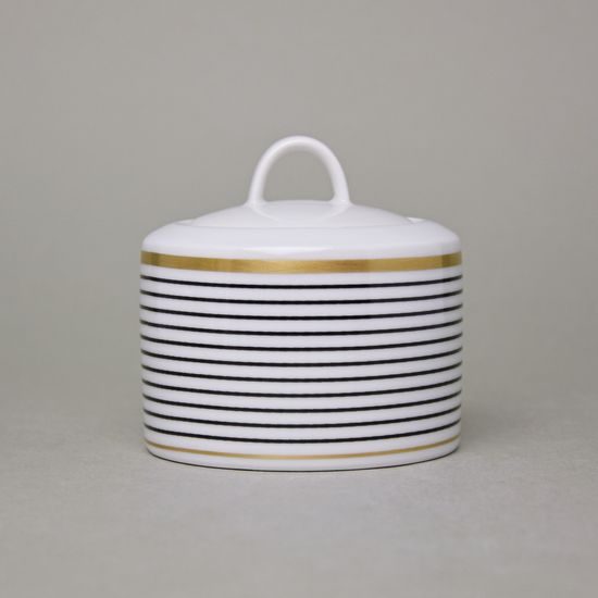 Sugarbowl 250 ml, ELLA Black-Gold Stripes, Thun 1794 Carlsbad Porcelain