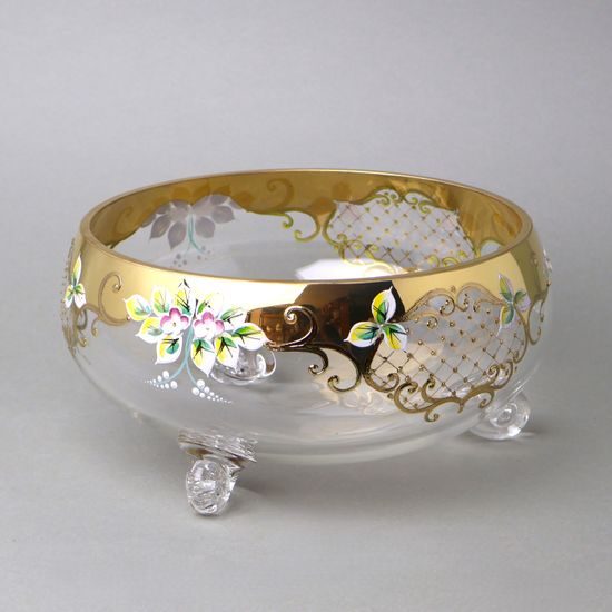 Crystal round bowl footed 26 x 12 cm, gold + enamel flowers, Bohemia