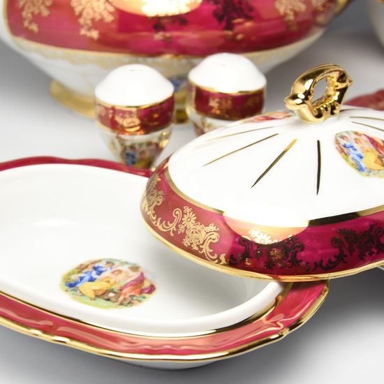 Dinner set for 6 pers., The Three Graces + gold + pearl ruby red, Carlsbad porcelain