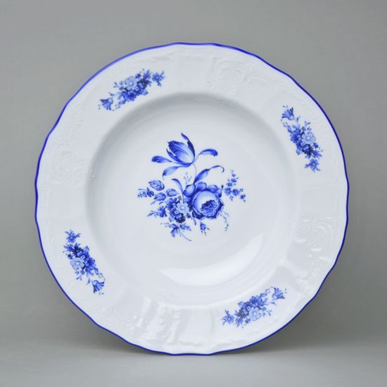 Talíř hluboký 23 cm, Thun 1794, karlovarský porcelán, BERNADOTTE modrá růže, MODRÁ linka