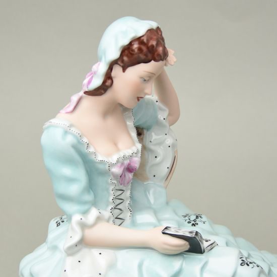 Lady with book, large, 22,5 x 32,5 x 26,5 cm, turquoise, Royal Dux Bohemia
