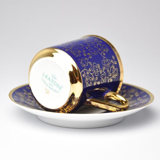 Cup 100 ml mocca and saucer 11,5 cm Sabina, inner gold, dark blue, Leander Loučky