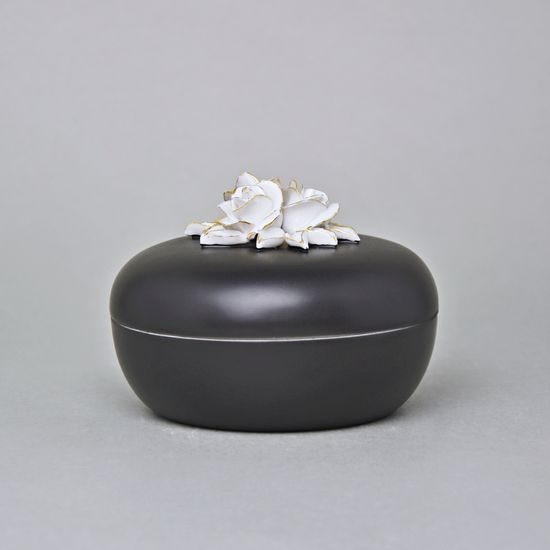 Dóza s růžemi nízká 8 x 11 cm, Černý fond + zlato, Porcelán Duchcov