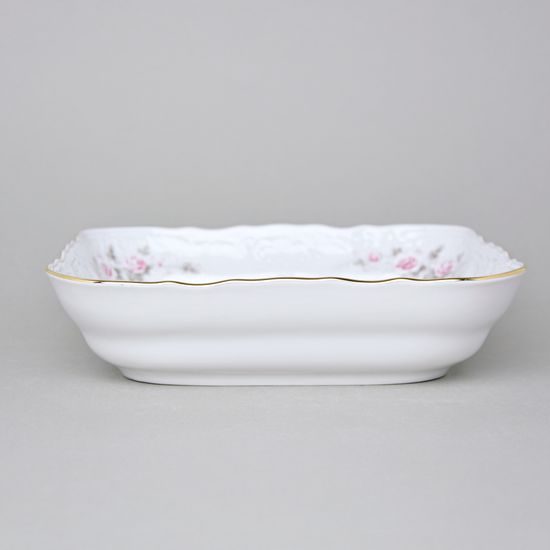 Gold line: Bowl square 25 cm J, Thun 1794 Carlsbad porcelain, BERNADOTTE roses