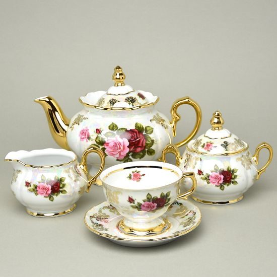 Tea set for 6 persons, Cecily roses, QueensCrown porcelain