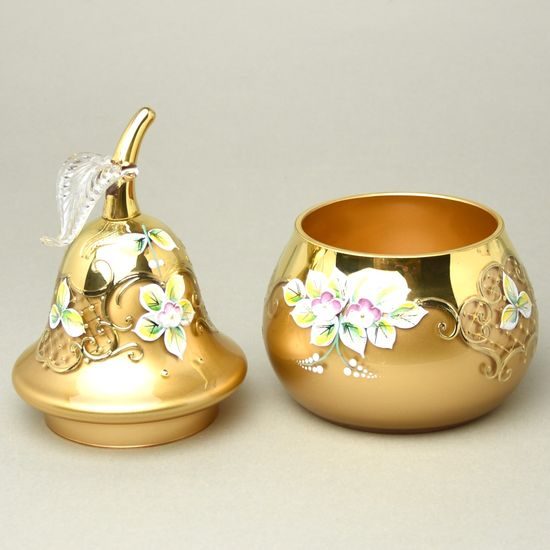 Křišťálová dóza "Hruška" kulatá ZLATÁ, v. 20,5 cm, zlato + smalt, Jahami Bohemia