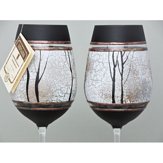 Studio Miracle: Sklenice na víno 2ks, 300 ml, černo-bílé Stromy, ruční dekorace Vlasta Voborníková