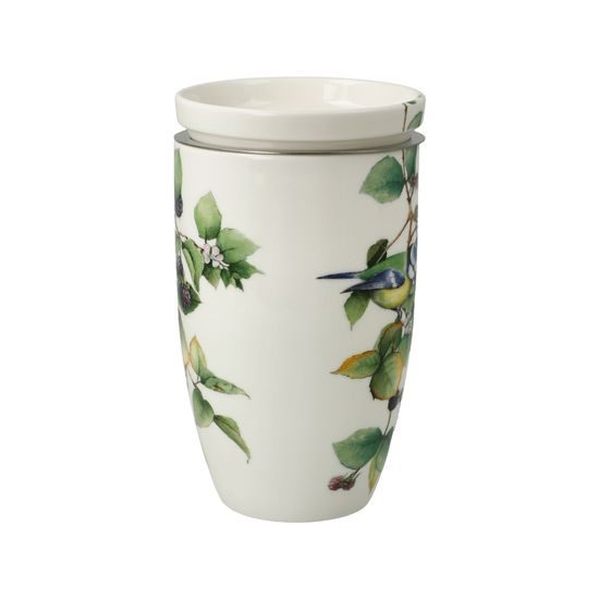 Hrnek s víčkem a sýtkem sýkorka modřinka 450 ml, jemný kostní porcelán a kov, Goebel