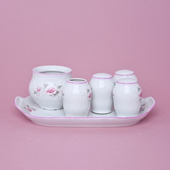 Pink line: Cruet set 6 pcs., Thun 1794 Carlsbad porcelain, BERNADOTTE roses