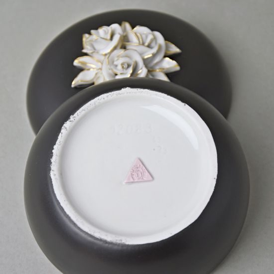 Dóza s růžemi nízká 8 x 11 cm, Černý fond + zlato, Porcelán Duchcov