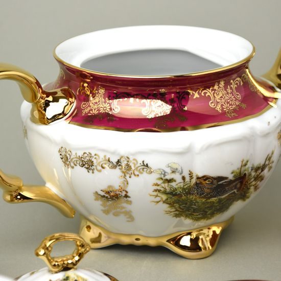 Tea set for 6 pers., hunting - ruby red, Carlsbad porcelain