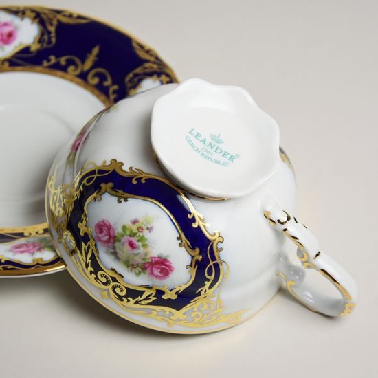 440: Cup tea 0,2 l + saucer, Sonata, cobalt blue + rose, Leander 1907