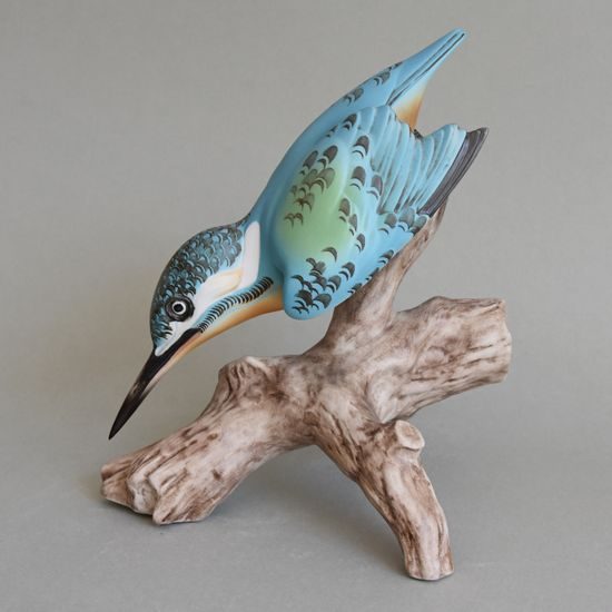 Kingfisher With A Branch, 17 x 18 x 22 cm, Pastel, Porcelain Figures Duchcov