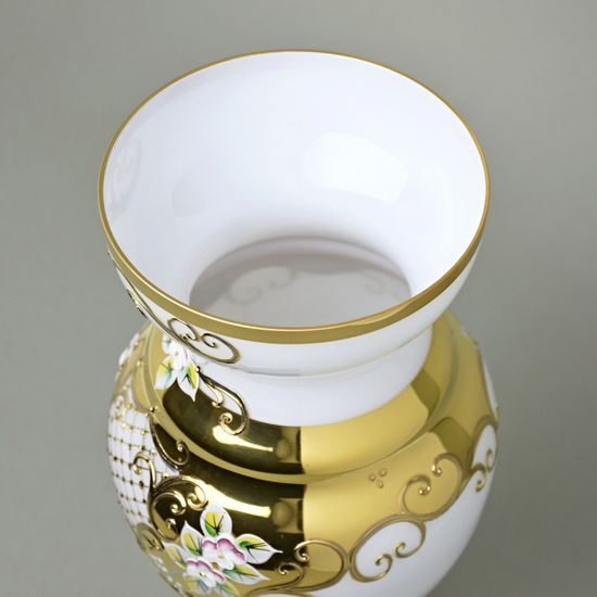 Vase 31 cm, WHITE glass, gold + enamel, Nový Bor glass
