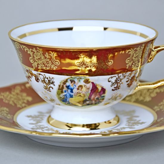 Cup 200 ml tea + sacuer, The Three Graces, gold + ruby red, Queens Crown