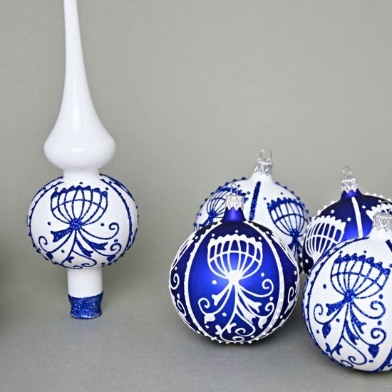 A set of Onion Pattern Christmas Tree Decoration Glass Balls 8 cm + Christmas tree tip, Set 9 pcs.