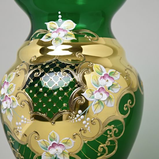 Váza 35 cm skleněná ZELENÁ, zlato + smalt, novoborské sklo