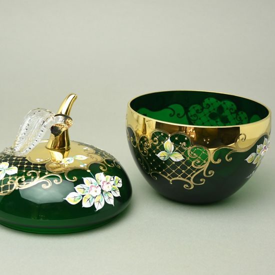 Křišťálová dóza "Jablko" kulatá velká - ZELENÁ, v. 22 cm, zlato + smalt, Jahami Bohemia