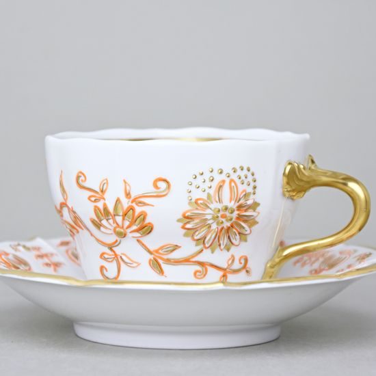 Elegance: Cup 0,21 l + saucer 16 cm, Gold + Orange, Hand-decorated by Vilém Janoušek, Český porcelán a.s