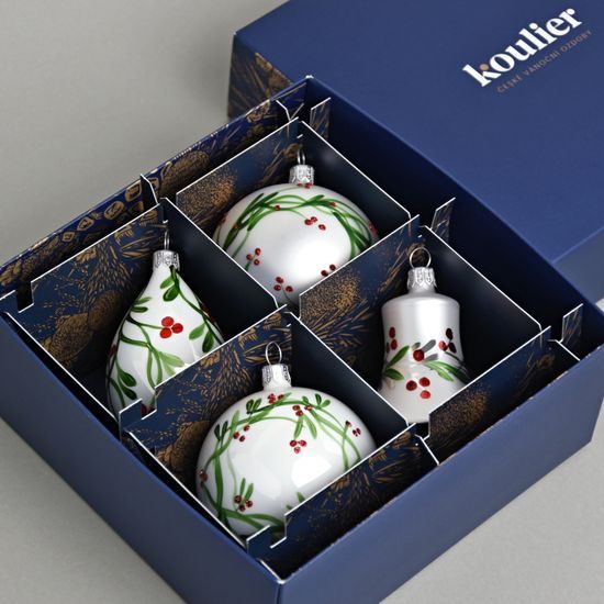 Vánoční skleněné ozdoby 4 ks sada, 7 - 10 cm, Cesmína, České vánoční ozdoby KOULIER