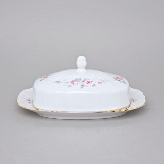 Gold line: Butter dish 250 g, Thun 1794 Carlsbad porcelain, BERNADOTTE roses