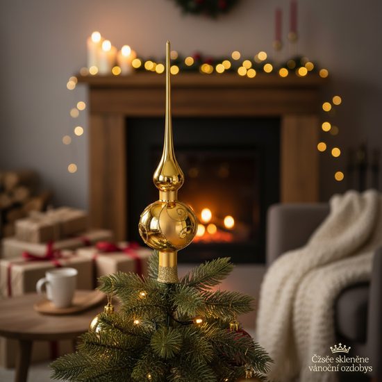 Vánoční skleněná ozdoba špička na stromeček 26 cm - ZLATÁ lesklá - šneci, česká ruční práce