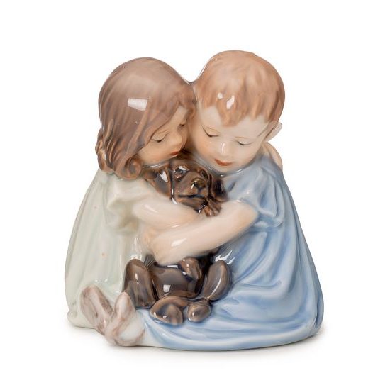 Boy and girl in a hug with a small dog 8,5 cm, Royal Copenhagen porcelain figurines