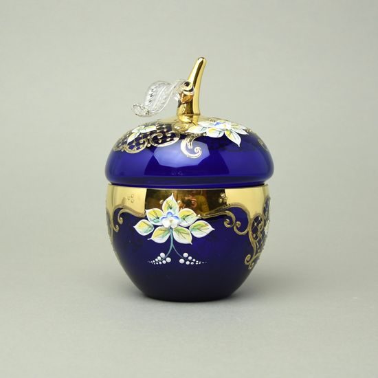 Křišťálová dóza "Jablko" malá, v. 16 cm, MODRÁ, zlato + smalt, Jahami Bohemia