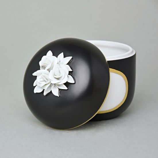 Dóza s bílými růžemi 11 x 9 cm + okénko pro nápis, Černý fond + zlato, Porcelán Duchcov