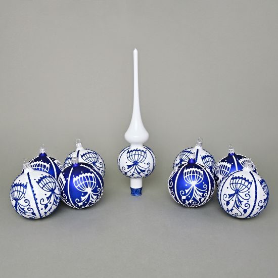 A set of Onion Pattern Christmas Tree Decoration Glass Balls 8 cm + Christmas tree tip, Set 9 pcs.