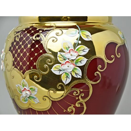 Vase 35 cm, RUBY RED glass, gold + enamel, Nový Bor glass