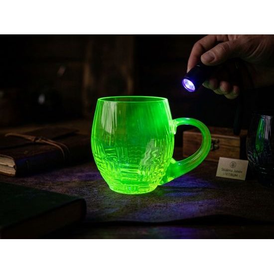 Square Pattern Glass Mug with Handle (uranium Glass), 500 ml, Glassworks Janov