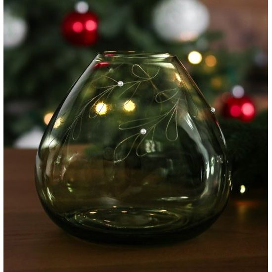 Skleněná váza průsvitná 18,5 cm jmelí s perlami, zelená, Glassor