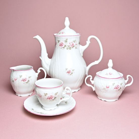 Pink line: Coffee set for 6 persons, Thun 1794 Carlsbad porcelain,, BERNADOTTE roses