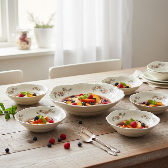 Kompotová sada velká pro 6 osob, Thun 1794, karlovarský porcelán, BERNADOTTE ivory + kytičky