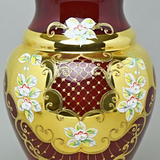 Vase 35 cm, RUBY RED glass, gold + enamel, Nový Bor glass