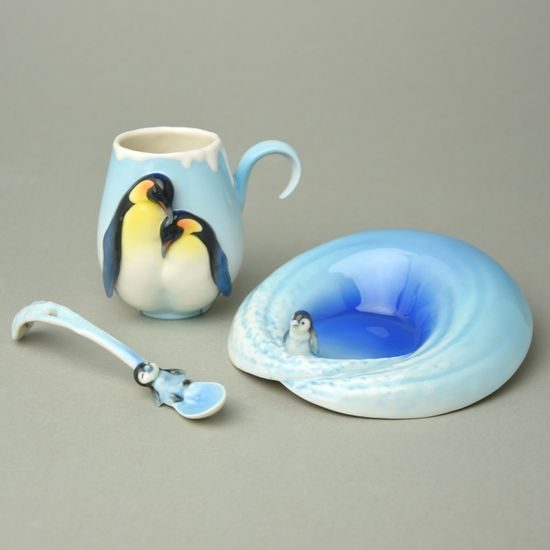 Playful penguins design sculptured porcelain cup and saucer + spoon, FRANZ Porcelain