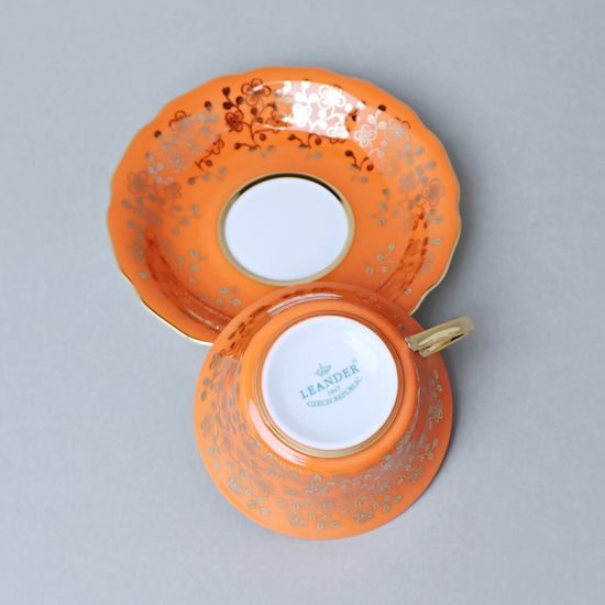 Cup 110 ml for tea + saucer 12,7 cm Windsor, Orange + inside gold, Leander 1907 Loučky