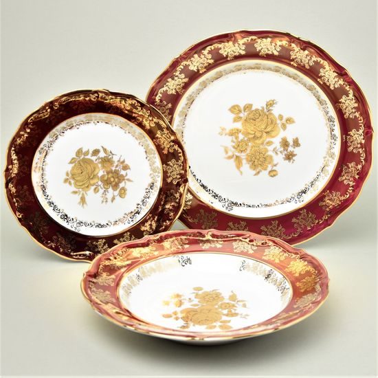 Plate set for 6 pers., ruby + gold rose, Carlsbad porcelain