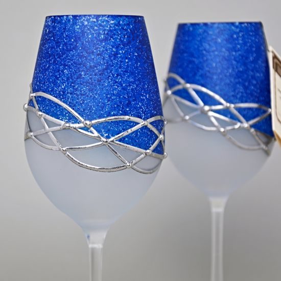 Studio Miracle: Wine Glasses, 2 pcs. 250 ml, Blue + Tin, Hand-decorated by Vlasta Voborníková