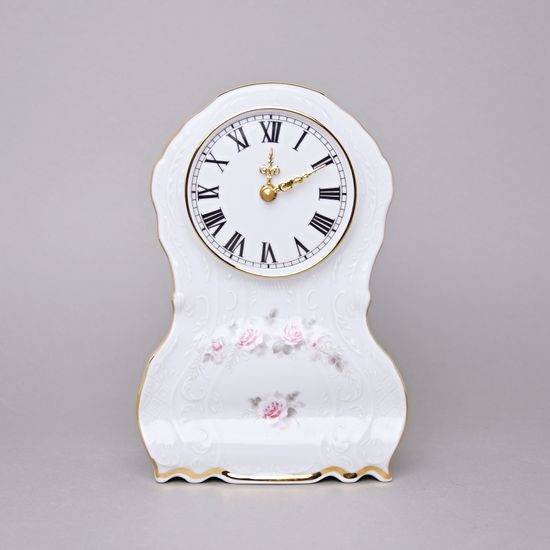 Gold line: Clock 22 cm, Thun 1794 Carlsbad porcelain, BERNADOTTE roses