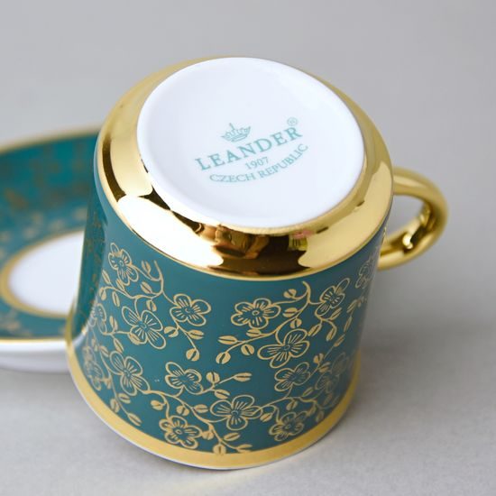 Šálek 100 ml mocca a podšálek 11,5 cm Sabina, vnitřní zlacení, tmavě zelené, Leander Loučky