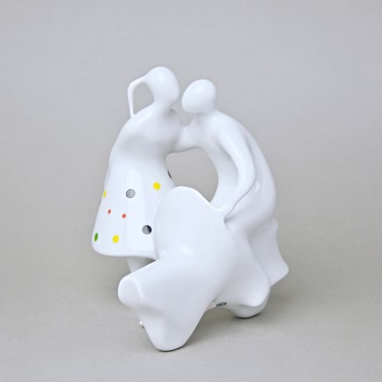 Milenci na skútru 14,5 x 12,5 x 16,5 cm, Bílá + barevné puntíky, Porcelánové figurky Duchcov