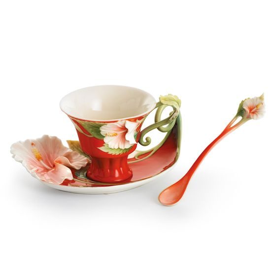 "ISLAND BEAUTY" HIBISCUS FLOWER DESIGN SCULPTURED porcelain cup/saucer/spoon set, FRANZ porcelain