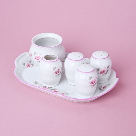 Pink line: Cruet set 6 pcs., Thun 1794 Carlsbad porcelain, BERNADOTTE roses