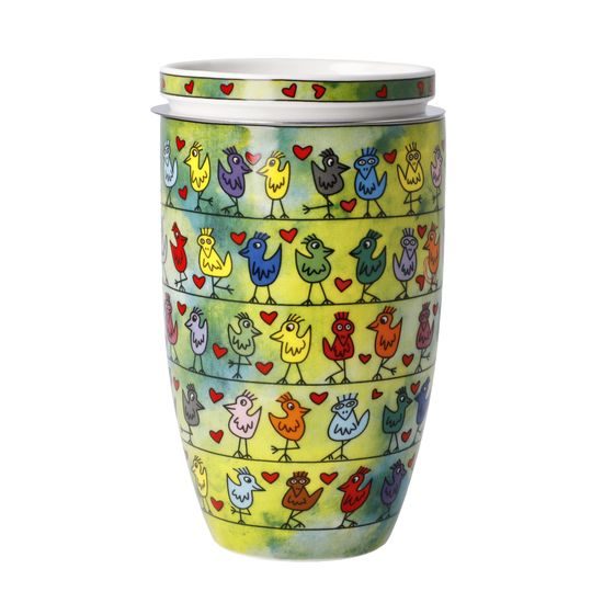 Tea Cup 0,45 l with Lid and Strainer James Rizzi - Birds on a Love Wire, 11,5 / 8 / 14 cm, Fine Bone China, J. Rizzi, Goebel