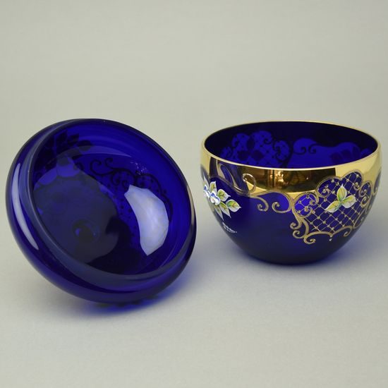 Křišťálová dóza "Jablko" kulatá velká - MODRÉ, v. 22 cm, zlato + smalt, Jahami Bohemia